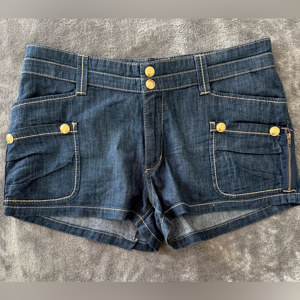 BCBG Max Azria Women's Denim Shorts - Dark Wash Gold Button Zip Pocket - Size 31